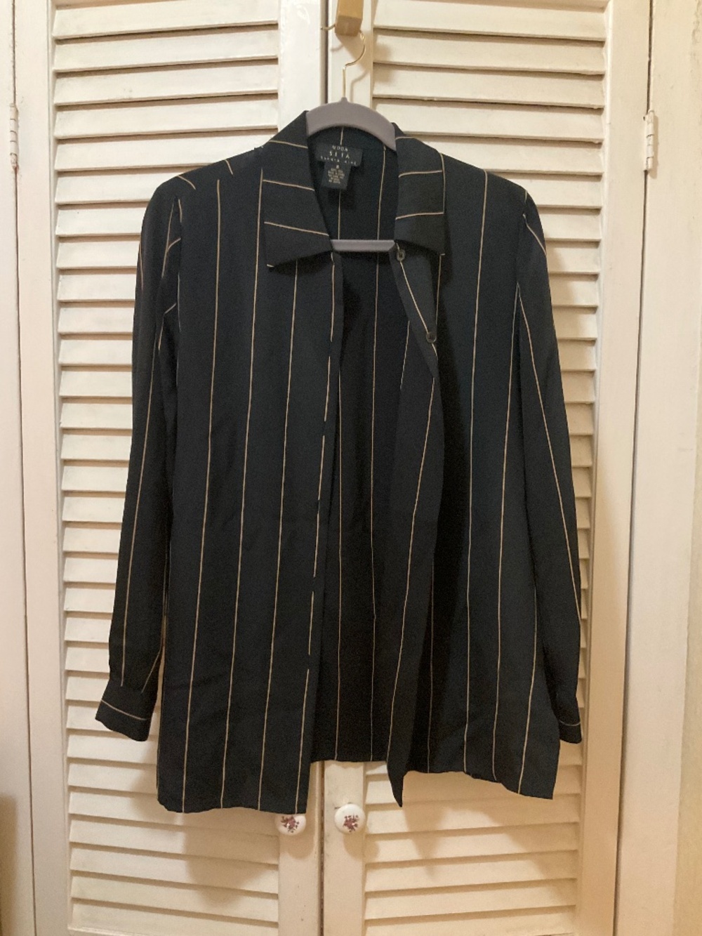 Classic Italian silk blouse, size small, black and tan stripped.
